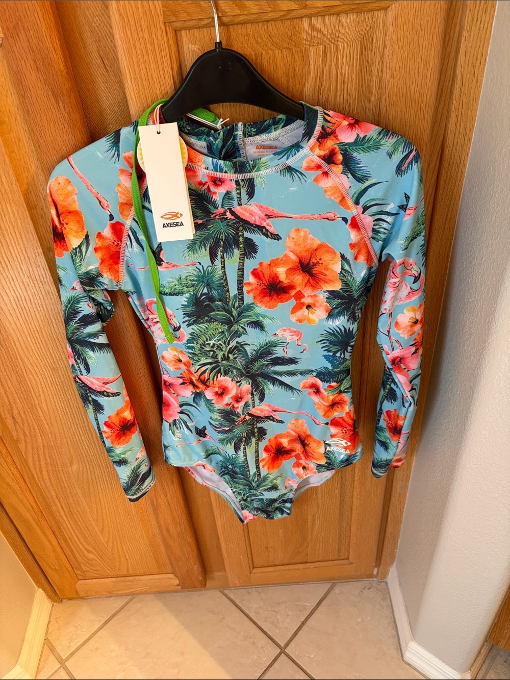 Women’s sz 6 Aqua Floral Long-Sleeve One-Piece Swimsuit, brand new, UPF 50